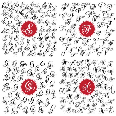 Set of Hand drawn vector calligraphy letter E, F, G, H