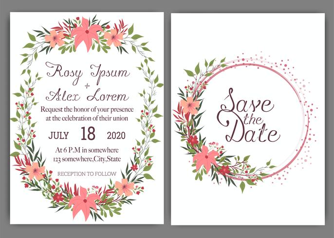 Elegant wedding cards consist of various kinds of flowers. vector