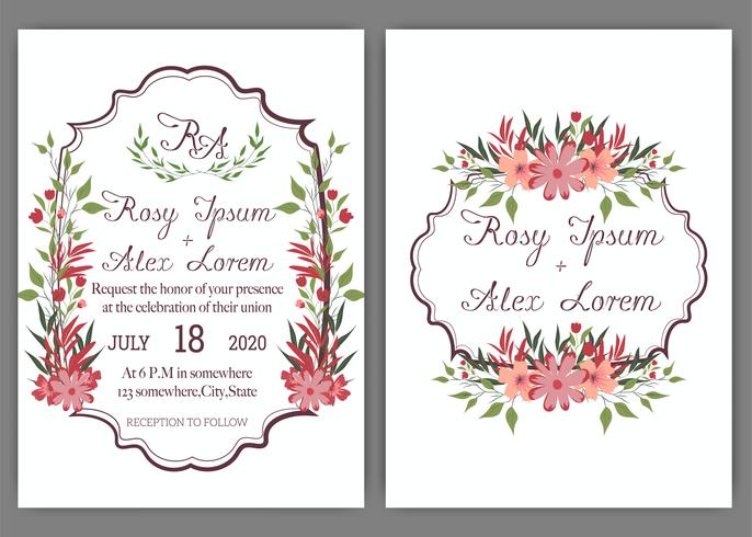 Elegantes tarjetas de boda consisten en varios tipos de flores. vector