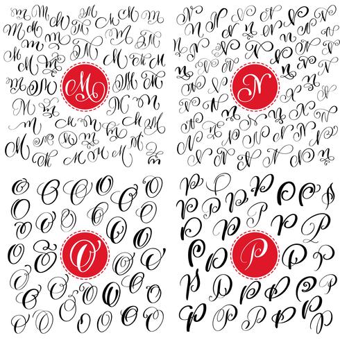 Set of Hand drawn vector calligraphy letter M, N, O ,P