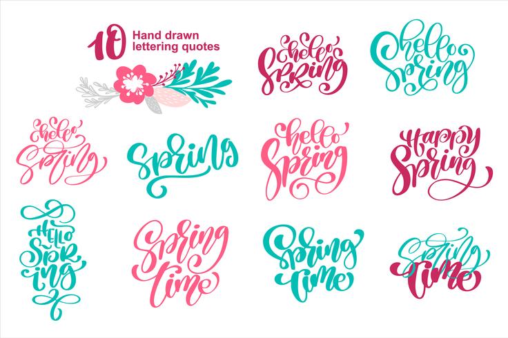 Set quotes Hello Spring time card template. Hand drawn lettering. Calligraphic element for your design. Vector illustration
