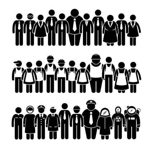 Grupo de personas trabajadores de diferentes profesiones figura pictograma iconos. vector