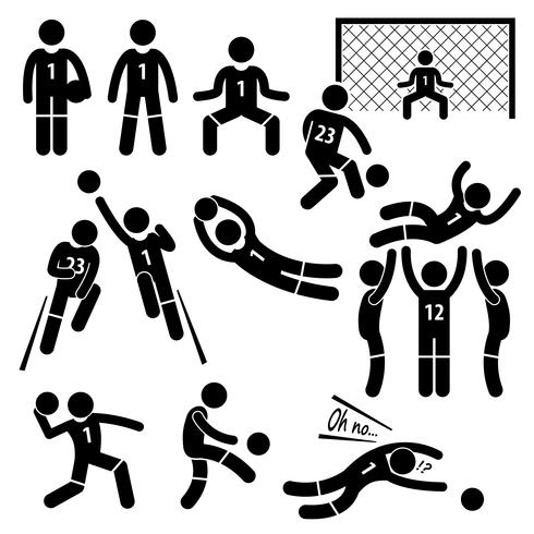 Portero acciones fútbol fútbol figura palo pictograma iconos. vector