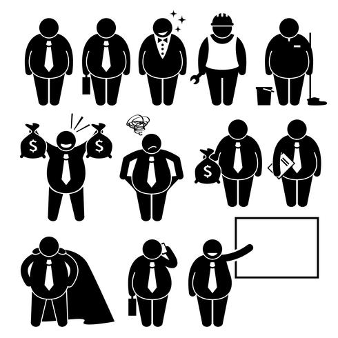 Fat Businessman Business Man Worker Stick Figure Pictogram Icons. vector