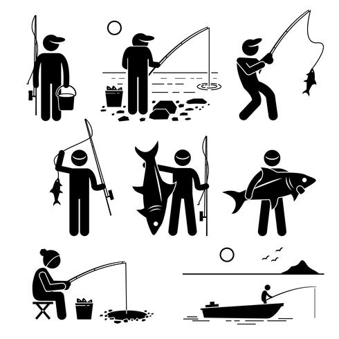 Man fishing big and small fish at river, lake, ice and sea with small boat for recreation. vector