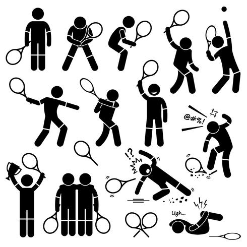 Acciones del jugador de tenis Posturas Posturas Stick Figure Pictogram Icons. vector