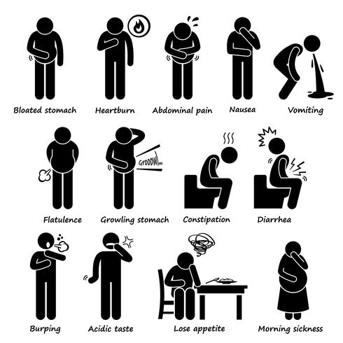 Indigestion Symptoms Problem Stick Figure Pictogram Icons. vector