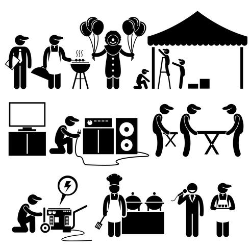 Celebración Fiesta Festival Eventos Servicios Stick Figure Pictogram Icons. Pictograma humano representando el negocio de servicios de configuración de eventos. vector