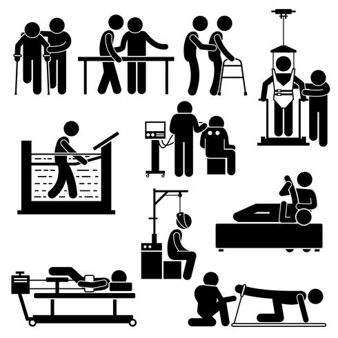 Physio Physiotherapy and Rehabilitation Treatment Stick Figure Pictogram Icons. vector