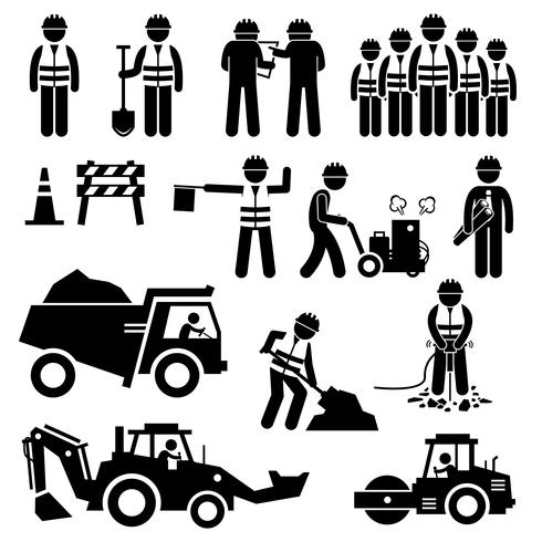 Road Construction Worker Stick Figure Pictogram Icons. vector