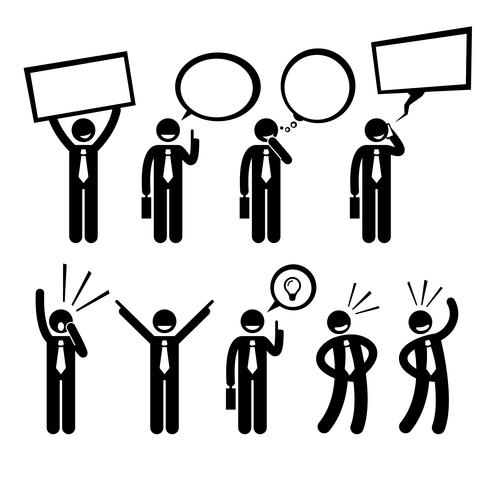 Businessman Business Man Talking Thinking Shouting Holding Placard Stick Figure Pictogram Icon. vector