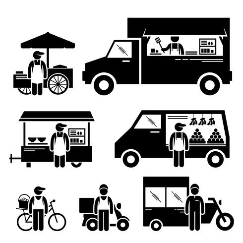 Comida móvil para vehículos Camión camión Camión Van Wagon Bicicleta Bicicleta Figura de palo Pictograma iconos. vector