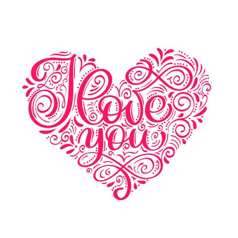 I love you text in heart. Valentines day calligraphy glitter card vector