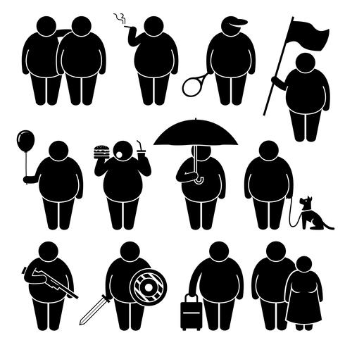 Hombre gordo que sostiene usando varios objetos Stick Figure Pictogram Icons. vector