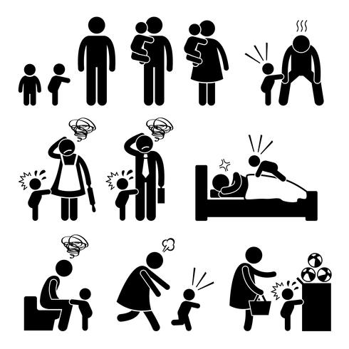 Bad Temper Toddler Baby Tantrum con la madre y el padre Stick Figure Pictogram Icons. vector