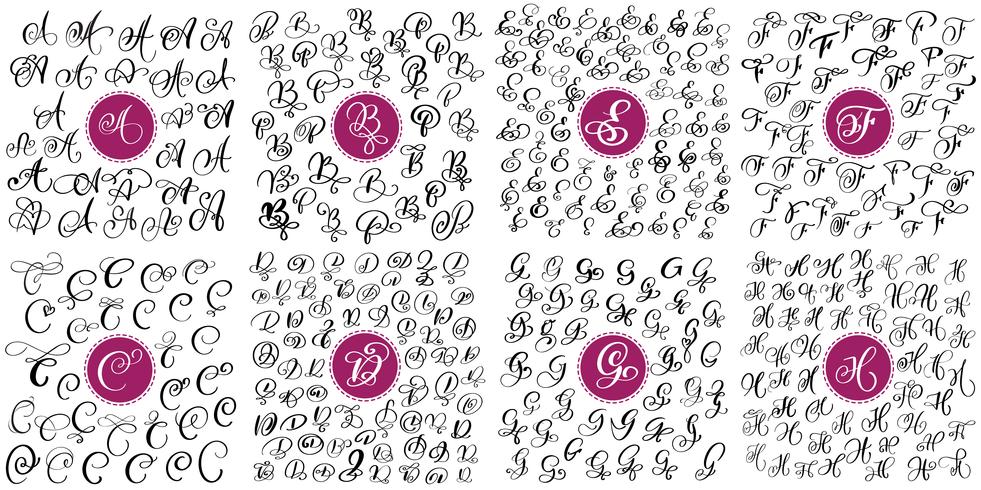 Set of Hand drawn vector calligraphy letters A, B, C, D, E, F, G, H