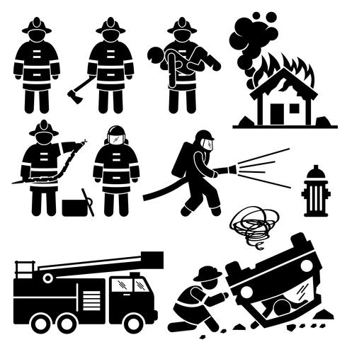 Bombero, bombero, rescate, figura, palo, pictograma, iconos. vector