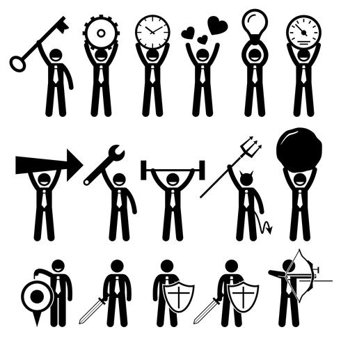 Business Man Businessman Using Various Objects Stick Figure Pictogram Icons. vector