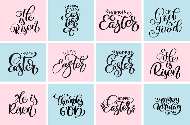 Fije la cita feliz Pascua, él es Risen frase tipográfica del vector de los diseños tipográficos. Dibujado a mano plantillas de diseño de texto caligráfico cristiano