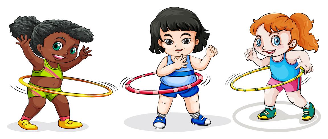 Niños jugando con el hulahoop. vector