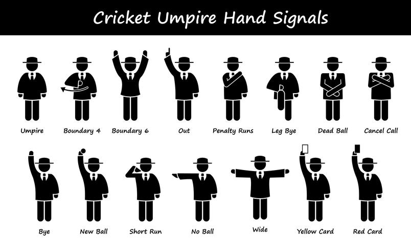 Cricket Umpire Referee Hand Signals Stick Figure Pictogram Icons. vector