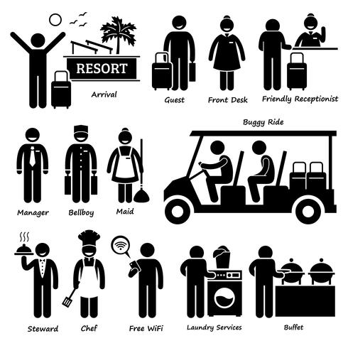 Resort Villa Hotel Turista Trabajador y Servicios Stick Figure Pictogram Icons. vector