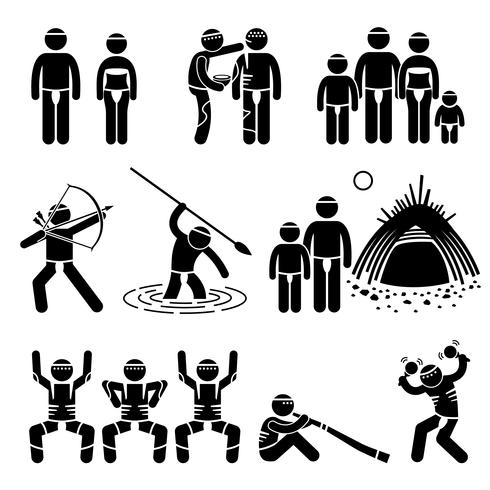 Tribe Native Indigenous Aboriginal People Culture and Tradition Stick Figure Pictogram Icons. vector