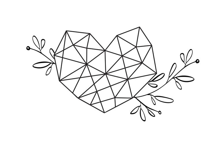 Geometría floral gráfica marco corazón corazón. Vector las hojas y las flores en la ilustración linda aislada en fondo negro. Boda, decoraciones del día de San Valentín