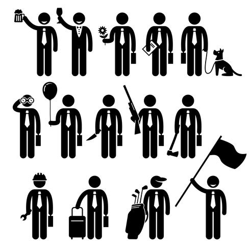 Icono de hombre de negocios hombre sosteniendo objetos hombre Stick figura pictograma. vector