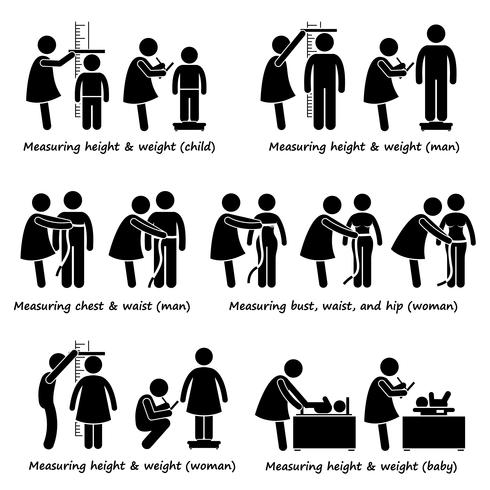 Measuring Body Height, Weight, and Size for Baby, Child, Woman, and Man. vector