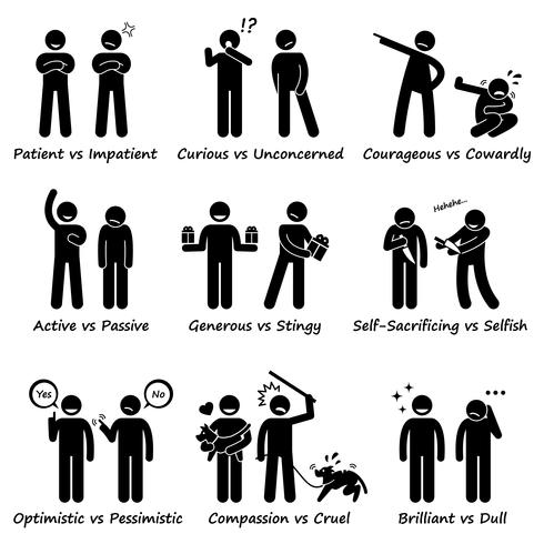 Human Personalities Opposite Values Positive vs Negative Stick Figure Pictogram Icons. vector