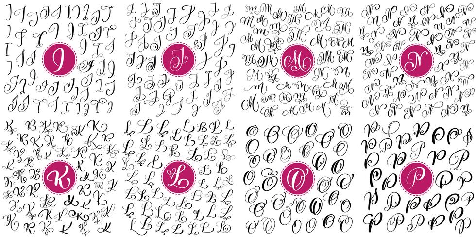 Set of Hand drawn vector calligraphy letters I, J, K, K, M, N, O, Pr