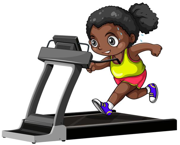 African american girl running on treadmill vector