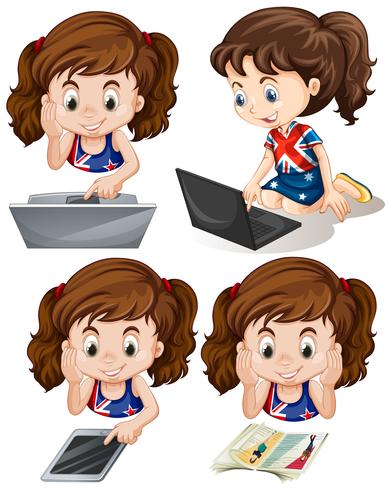 Chica usando computadora y tableta vector