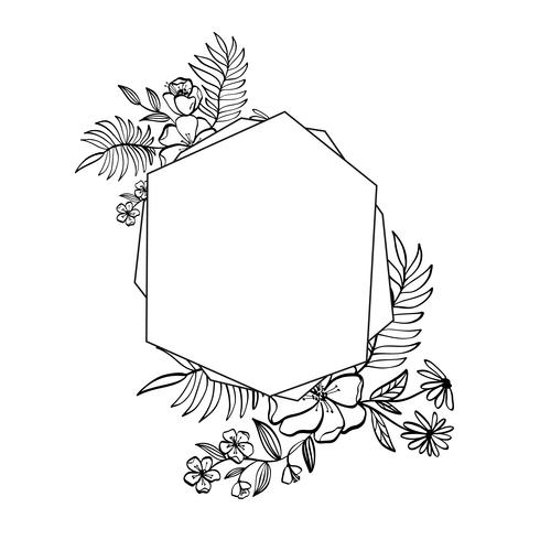 Marco gráfico de geometría floral. Vector las hojas y las flores en la ilustración linda aislada en fondo negro. Decoraciones de boda estilo