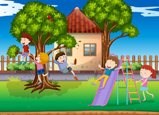 Children playing slide in the playground vector