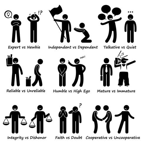 Human Opposite Behaviour Positive vs Negative Character Traits Stick Figure Pictogram Icons. vector