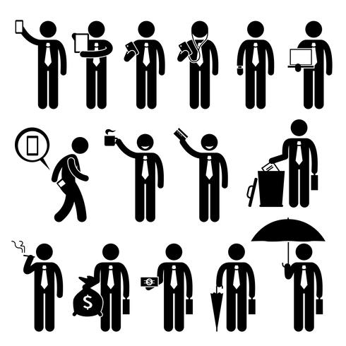 Business Man Businessman Holding Various Objects Stick Figure Pictogram Icons. vector