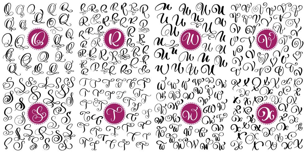 Set letter Q, R, S, T, U, V, W, X Hand drawn vector flourish calligraphy. Script font. Isolated letters written with ink. Handwritten brush style. Hand lettering for logos packaging design poster