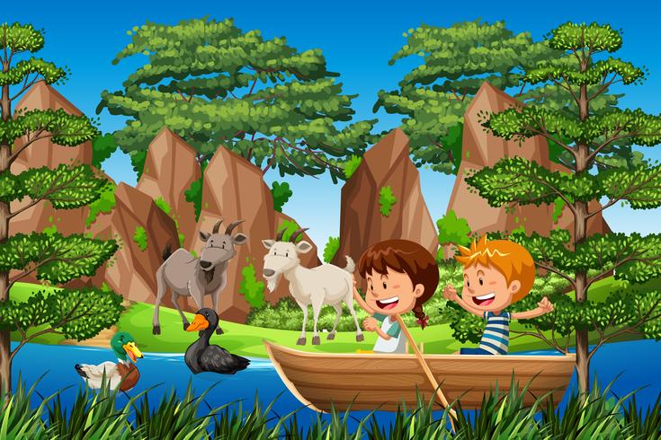 Children paddle wooden boat in forest vector