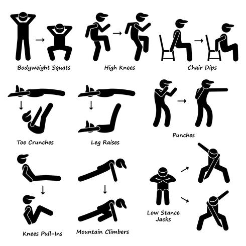 Entrenamiento corporal Ejercicio físico Entrenamiento físico (conjunto 2) Iconos de pictogramas con figura de palo. vector