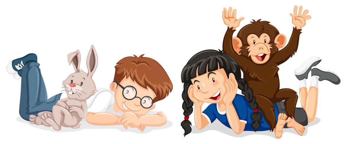 Kids with rabbit and monkey vector