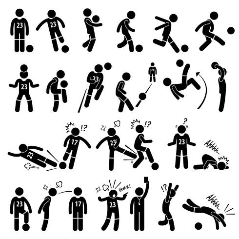 Football Soccer Player Footballer Actions Poses Stick Figure Pictogram Icons. vector