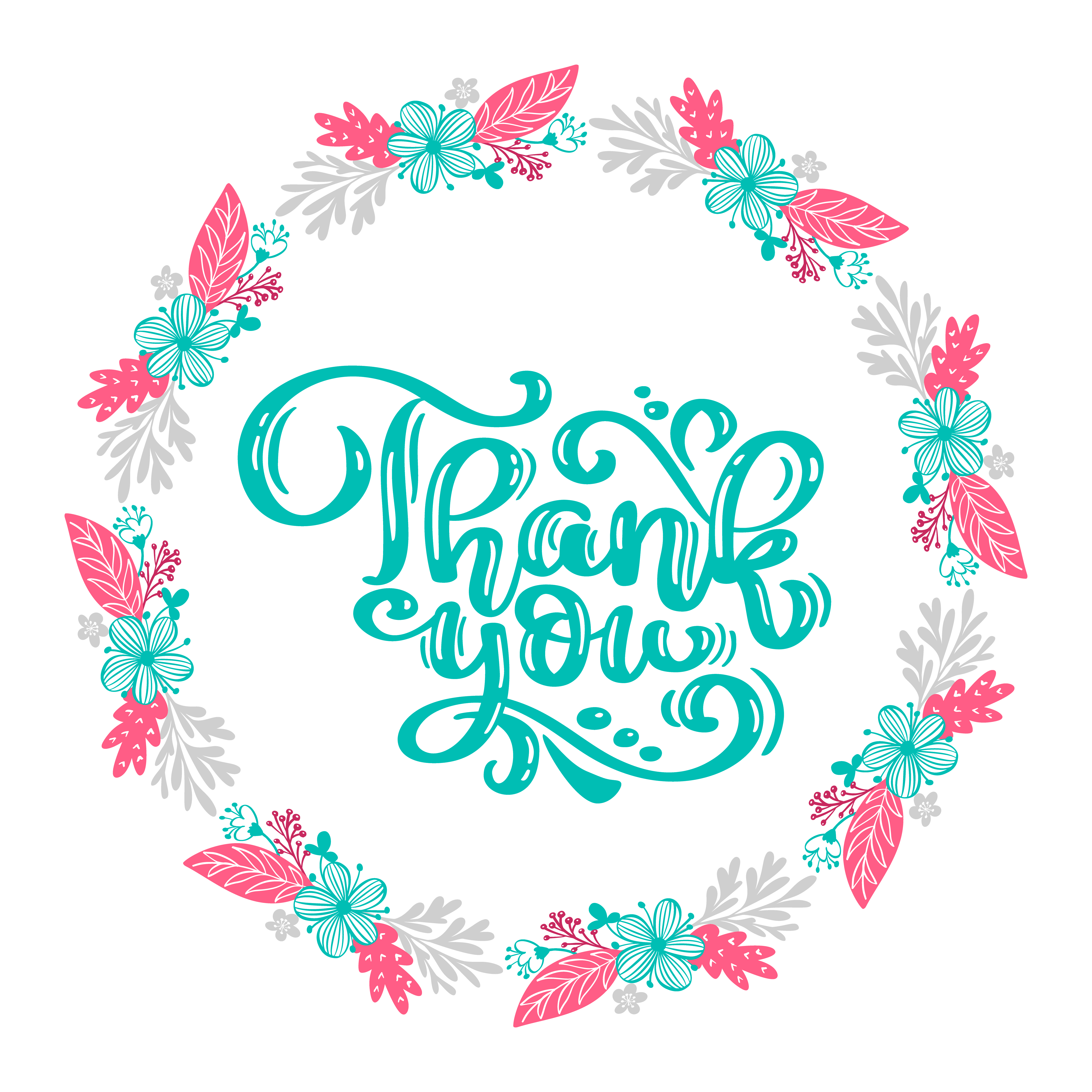 Thank you Hand drawn text with wreath of flowers. Trendy ...