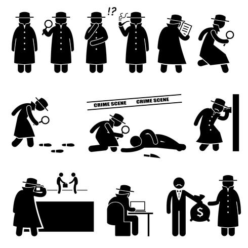 detective espía investigador privado figura palo pictograma iconos. vector