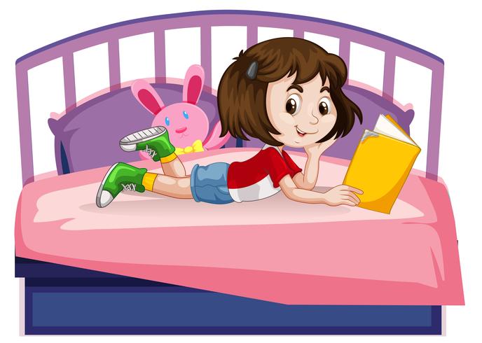 Young girl reading book on bed vector
