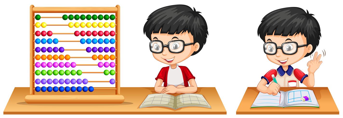 Boy studying math using abacus vector