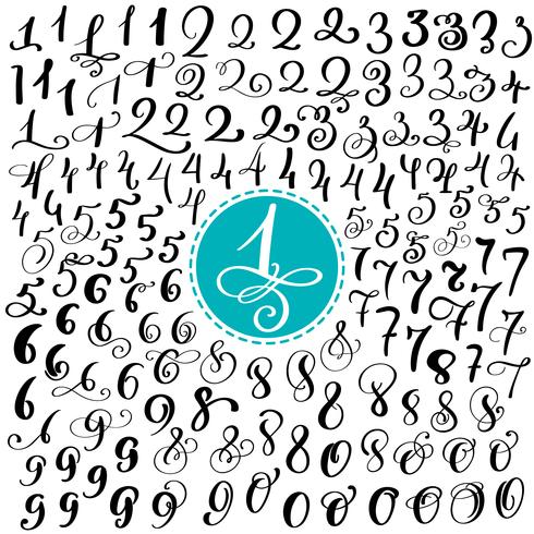 Hand drawn vector set of calligraphic ink numbers 