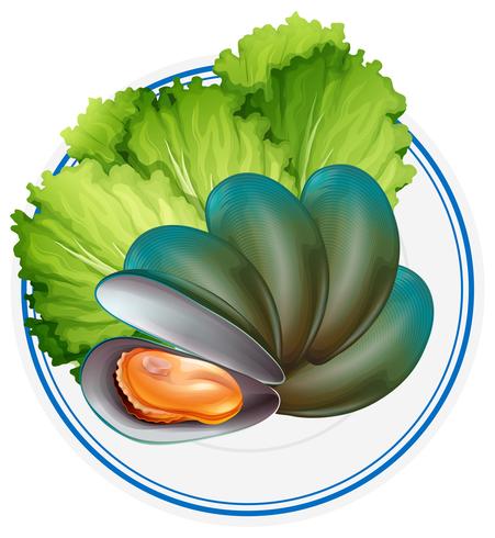 Mejillones cocidos y verduras en plato. vector