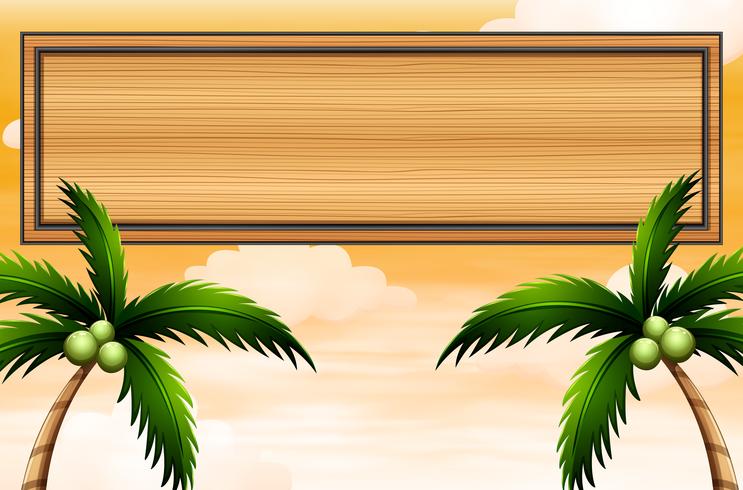 An empty wooden signboard with coconut trees vector